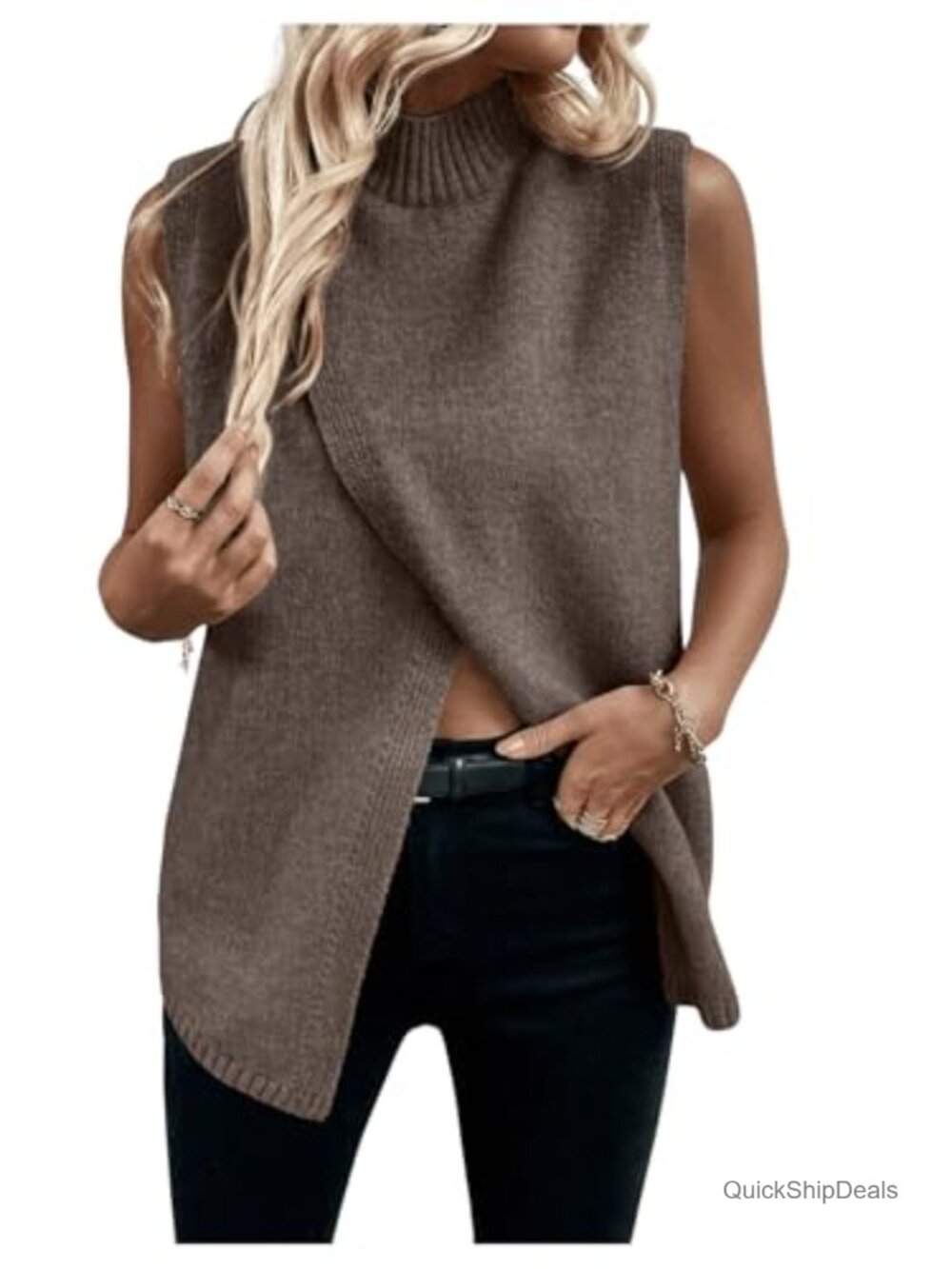 Sweater Vest Mock Neck Asymmetrical Hem Sleeveless Knit Business Casual